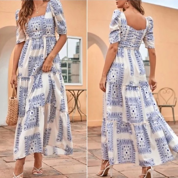 Boho Blue Puff Sleeve Maxi Dress Cottagecore - Picture 2 of 3